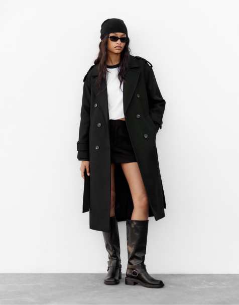 Pull&Bear - Trenchcoat met riem in zwart - view 1