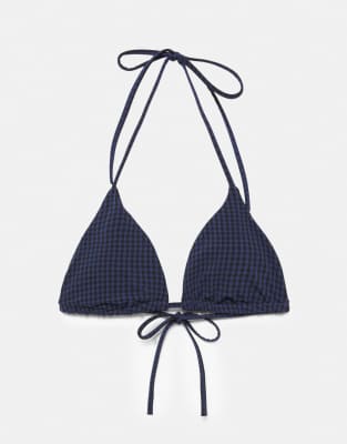 Pull & Bear - Triangel-Bikinioberteil in Blau mit Vichy-Karomuster