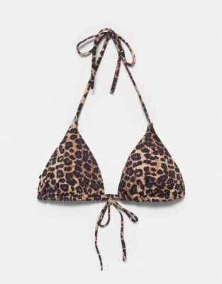 Pull & Bear - Triangel-Bikinioberteil mit Leopardenmuster in Braun-Brown