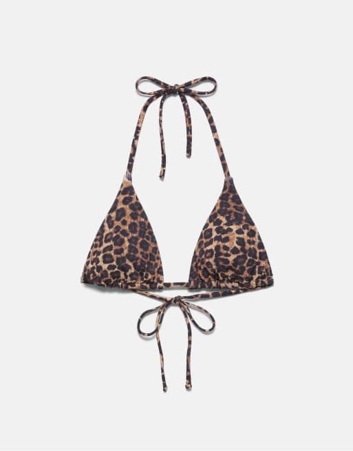 Pull&Bear – Triangel-Bikinioberteil mit Leopardenmuster in Braun, 4 von 4