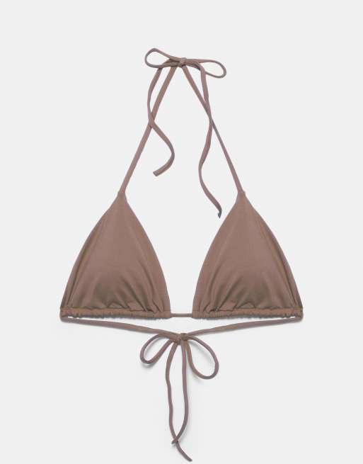 Pull&Bear Triangle bikini top in mole brown, 2 of 4