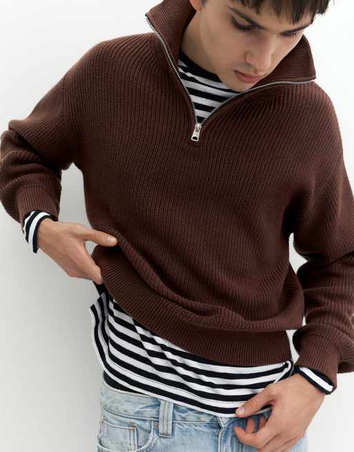 Pull&Bear tröja med halv dragkedja i brun, 3 av 7