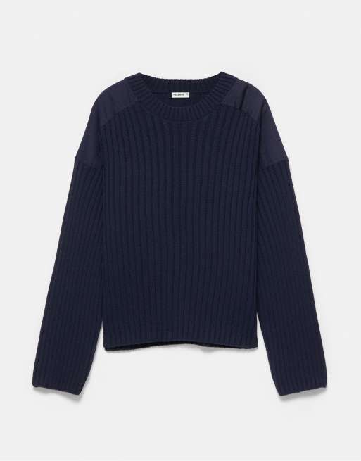 Pull&Bear tröja med paneler i blandat tyg i marinblått, 4 av 6