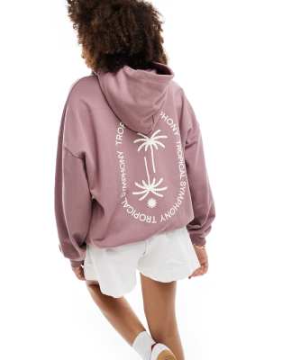 Pull & Bear Tropical Back Print Graphic Oversized Hoodie In Deep Pink