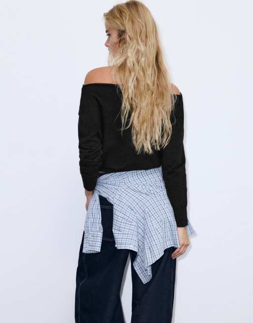 Pull&Bear trui met boothals in zwart, 2 van 7