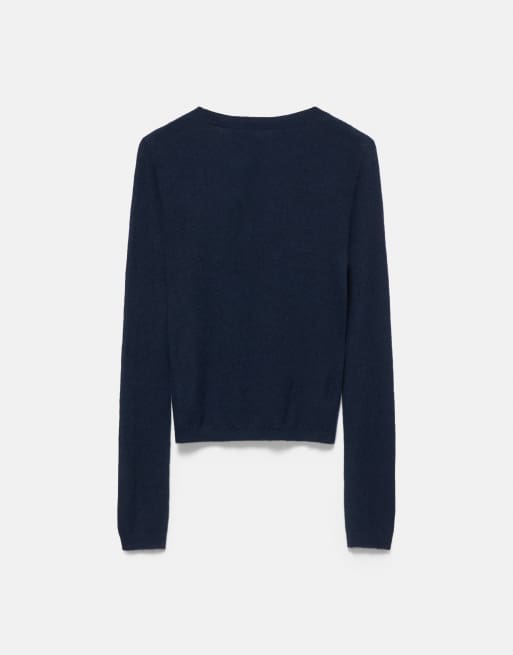 Pull&Bear trui met veel wol, fijngebreid, met henleyhals, marineblauw, 5 van 5