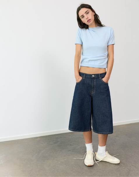 Pull&Bear tætsiddende striktrøje med korte ærmer i pastelblå - view 1