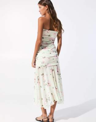 Pull & Bear Tulle Flower Ruffle Dress In Green