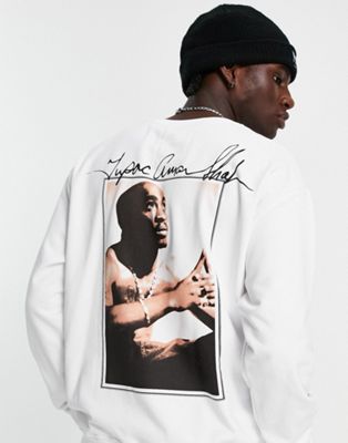 Pull&Bear Tupac crew neck sweatshirt in white