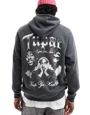 Pull & Bear Tupac Hoodie In Dark Gray