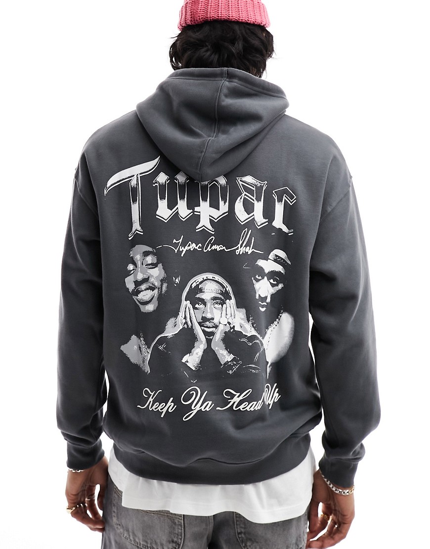 Pull & Bear Tupac hoodie in dark grey