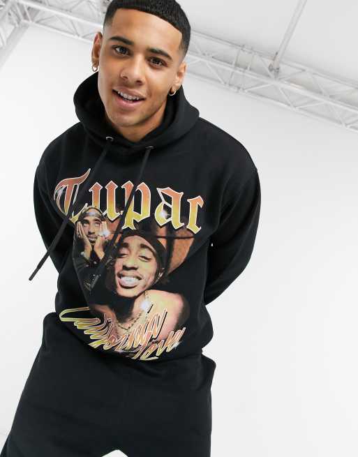 Pull Bear Tupac hoodie in vintage print in black ASOS