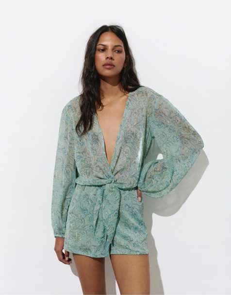 Pull&Bear - Turkisblå rynket buksedragt med print - view 1