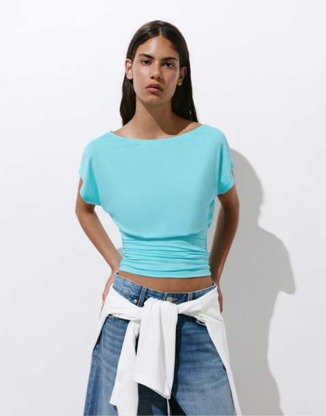 Pull&Bear - Turkisblå top med rynker og asymmetrisk snit - view 1