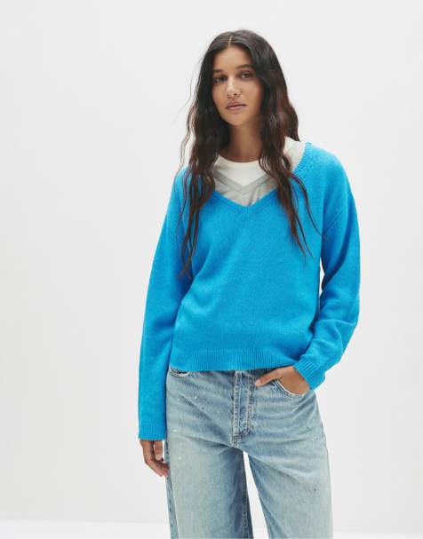 Pull&Bear – Turkos, finstickad tröja i oversize - view 1