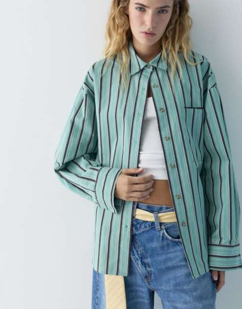 Pull&Bear – Turkos, randig skjorta med ficka - view 1