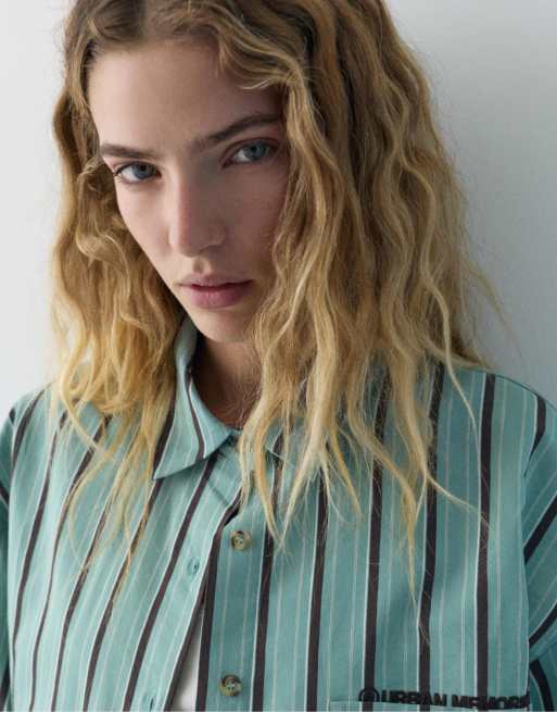 Pull&Bear – Turkos, randig skjorta med ficka, 2 av 4
