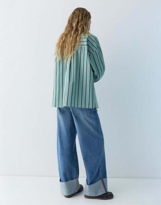 Pull&Bear – Turkos, randig skjorta med ficka, 4 av 4