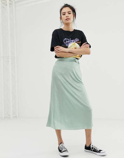 Pull&Bear twist detail midi skirt in green | ASOS