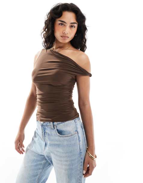 Pull&Bear twisted strap polyamide top in brown - view 1