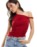 [Pull & Bear] Pull & Bear twisted strap polyamide top in burgundy-Red L BURGUNDY