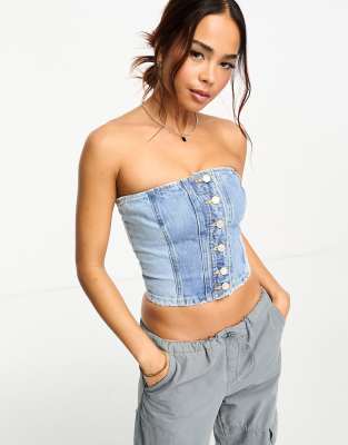 Pull & Bear Two Tone Contrast Denim Corset Top In Blue - Part Of A Set