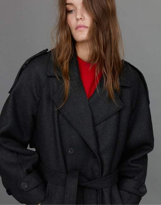 Pull&Bear ulltrenchcoat med skärp i grått, 3 av 6