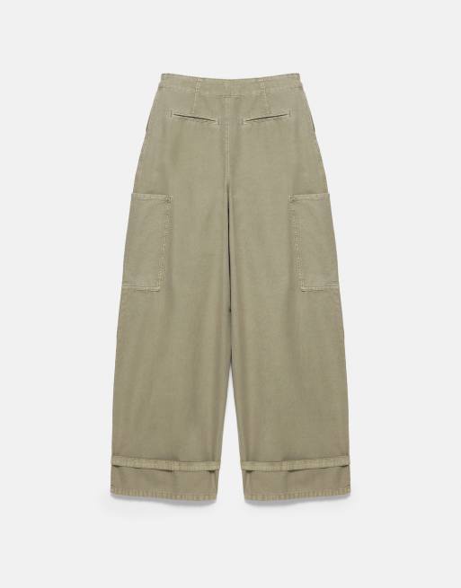 Pull&Bear Utility barrel trousers in khaki, 7 of 7