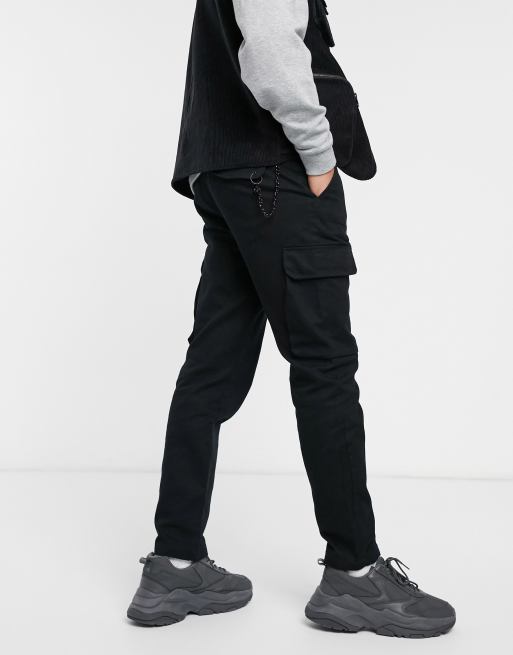 Pull&Bear Cuffed Cargo Pants With Chain in Black for Men