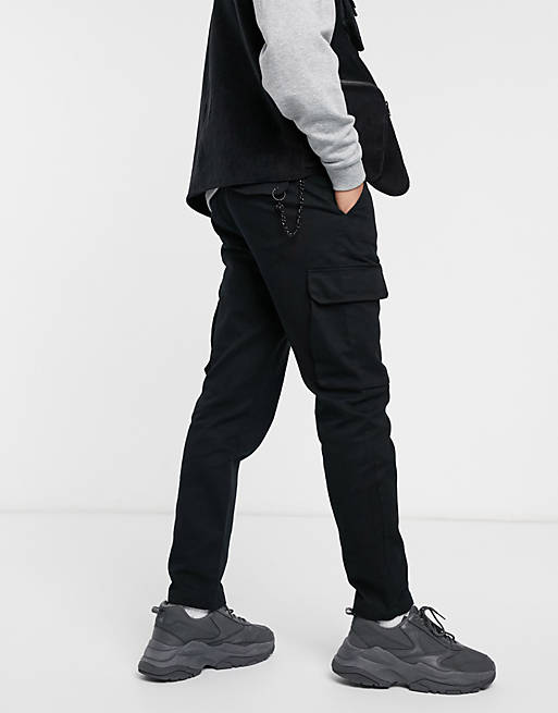 Pull&Bear utility cargo trouser with chain in black | ASOS