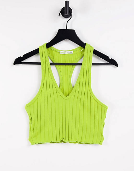 Pull&Bear v neck crop top with lettuce edge in lime green