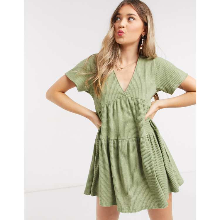 Pullu0026Bear v neck mini smock dress in khaki | ASOS