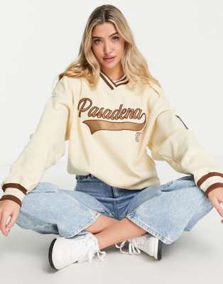 Pull&Bear v neck oversized varsity sweatshirt in ecru | ASOS