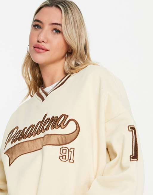 Pull&Bear v neck oversized varsity sweatshirt in ecru