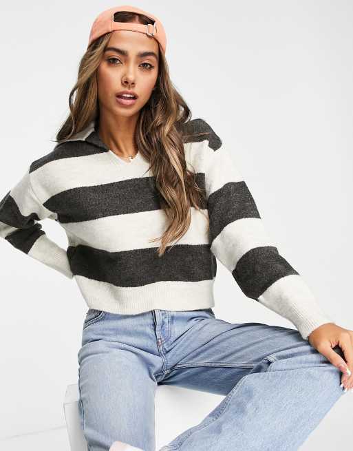 Pull Bear v neck polo detail sweater in black stripe