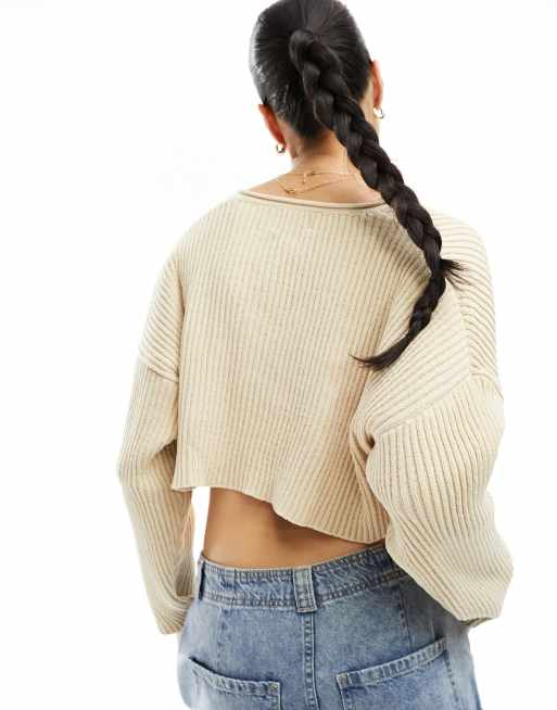 Pull Bear v neck ribbed cropped jumper in ecru ASOS