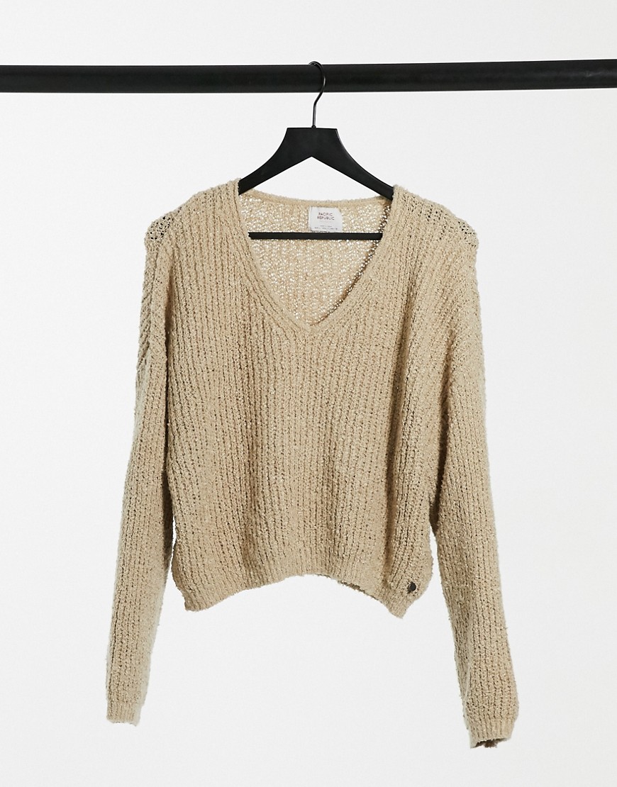 Pull & Bear v neck sweater in sand-Neutral