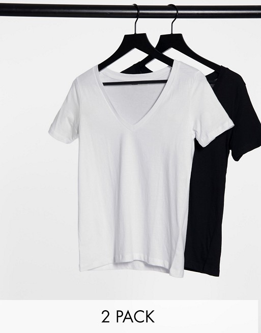 Pull&Bear v neck t-shirt multipack in black and white