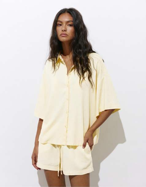 Pull&Bear – Vaniljfärgad skjorta i linnemix med korta ärmar - view 1