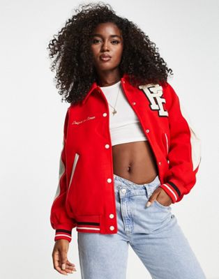 Pull&Bear varisity bomber with collar and embroidery detail in red