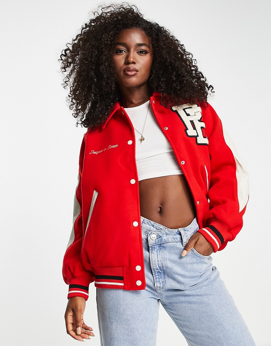 Pull & Bear varisity bomber with collar and embroidery detail in red