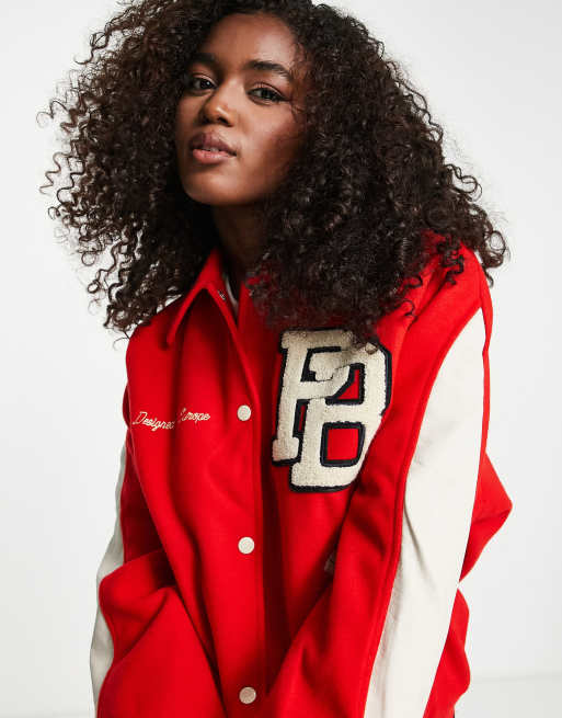 Pull&Bear varsity bomber jacket with collar and embroidery detail in stone