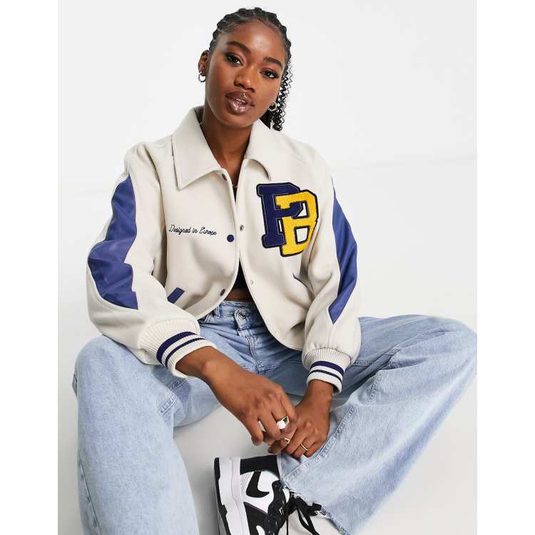 Pull&Bear varsity bomber jacket with collar and embroidery detail in stone