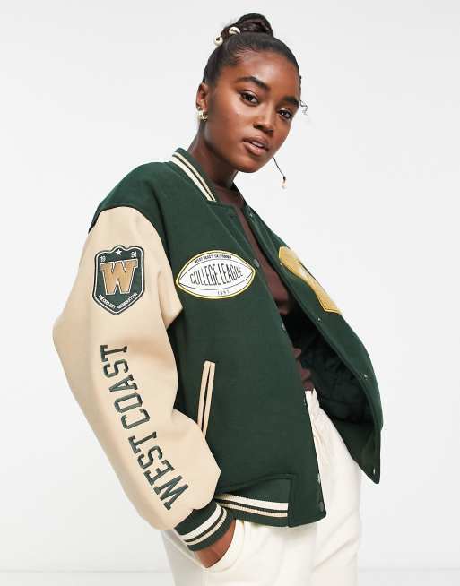 Pull&Bear - Varsity bomberjack in marineblauw met contrasten in beige 