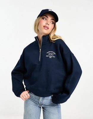 Pull&Bear varsity half zip sweater in navy - ASOS Price Checker