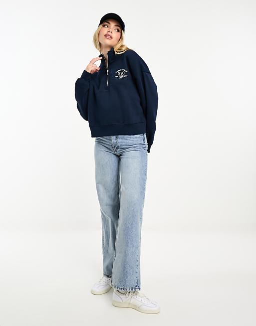 Pull&Bear varsity half zip sweater in navy | ASOS Pull&Bear varsity half zip sweater in navy | ASOS