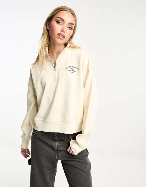 Pull Bear varsity half zip sweatshirt in ecru ASOS