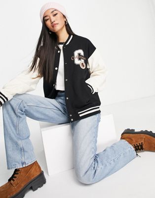 Pull&Bear varsity jacket in black with contrast white sleeves