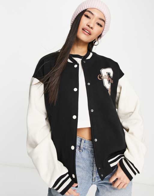 Pull Bear varsity jacket in black with contrast white sleeves ASOS