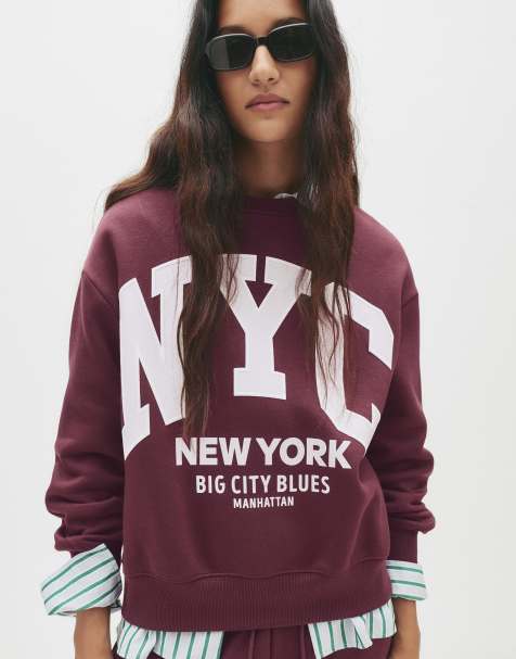 Pull&Bear Varsity nyc sweatshirt in burgundy - view 1
